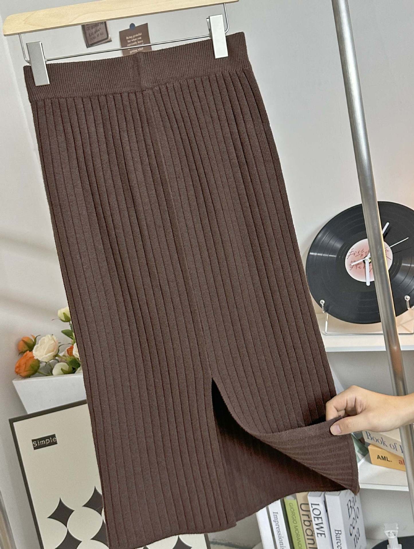 Women's High Waist Knitted Midi Skirt | Slim Fit Wool Blend Pencil Skirt with Split - Fall Autumn Thickened Long Straight Skirt