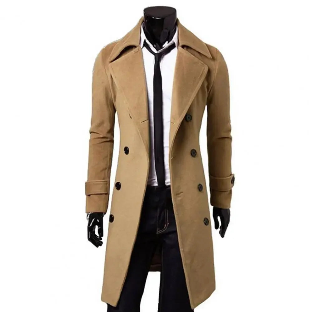Men's Double-Breasted Simple Trench Coat - Pure Color Coldproof Wool Blend Overcoat Jacket