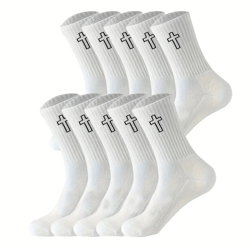 5/10 Pack Men's High-Cut Breathable Sports Socks – Unisex Mid-Calf Casual Black/White