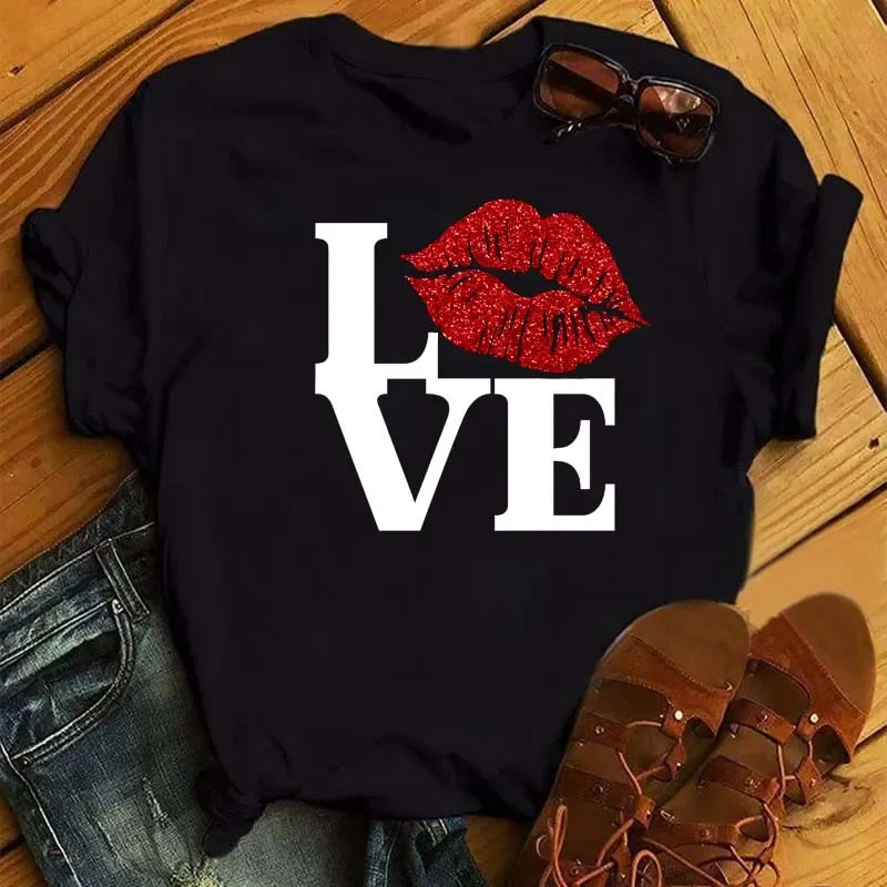 Women's Leopard Lips Graphic T-Shirt - Sexy Pink Kiss Print O-Neck Casual Tee Funny Animal Print Top