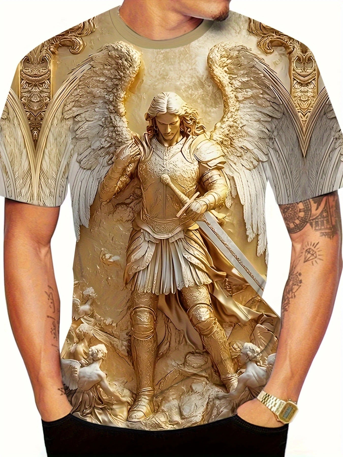 Men's 3D Angel Warrior T-Shirt Golden Sword Wings Graphic Tee | Unisex 3D Printed Shirt