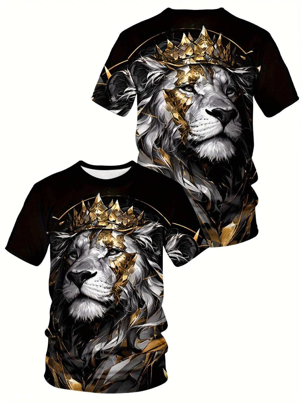 Breathable Polyester Blend,Casual & Elegant Men's Lion Crown Graphic Tee - Regal Charm Plus Size Short Sleeve Crew Neck T-Shirt