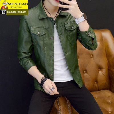 Men's Genuine Leather Jacket Korean Slim Fit Spring Autumn Thick Velvet-Lined Leather Coat Trendy Biker Moto Jacket"