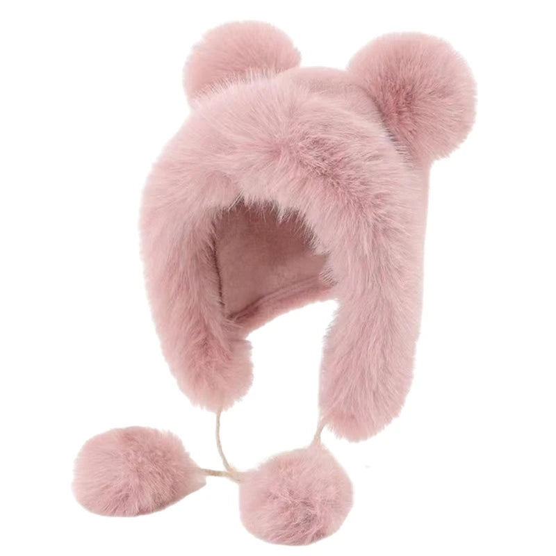 Women's Cute White Furry Bear Ear Hat Plush Winter Warm Ski Cycling Beanie