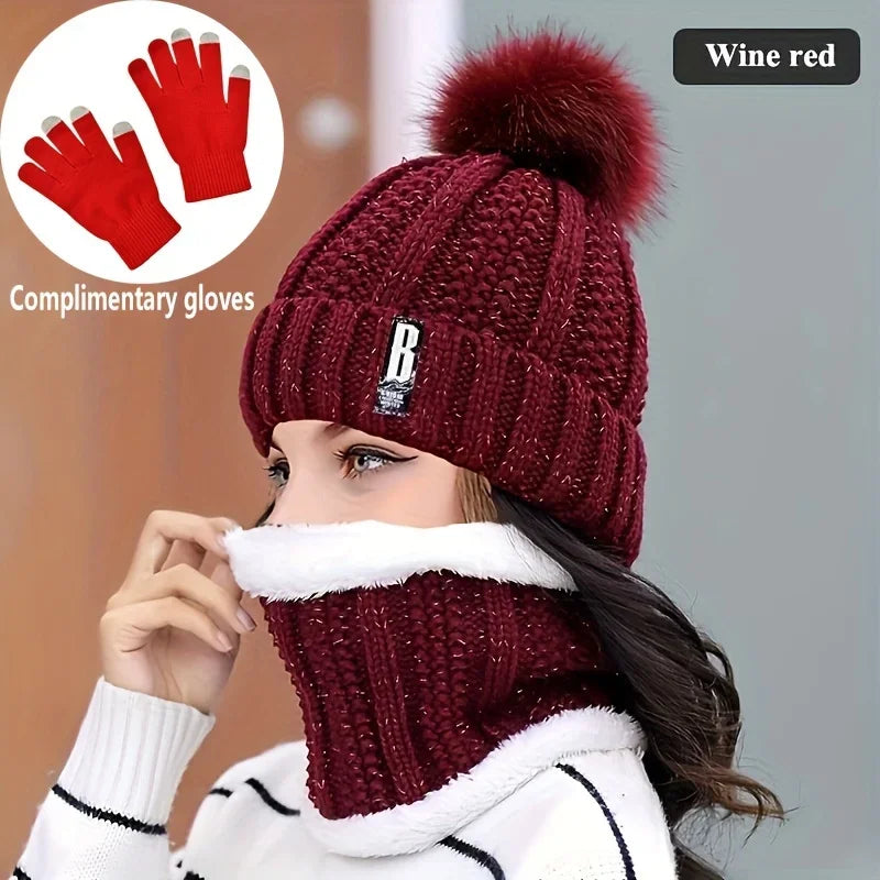 2/3 Piece Women's Winter Hat Scarf Gloves Set Thick Plush Knit Warm Windproof