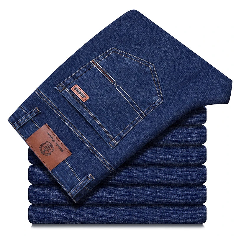 Men's Fleece Lined Jeans - Stretch Straight Fit Winter Warm Denim Pants Casual Business Classic Blue & Black