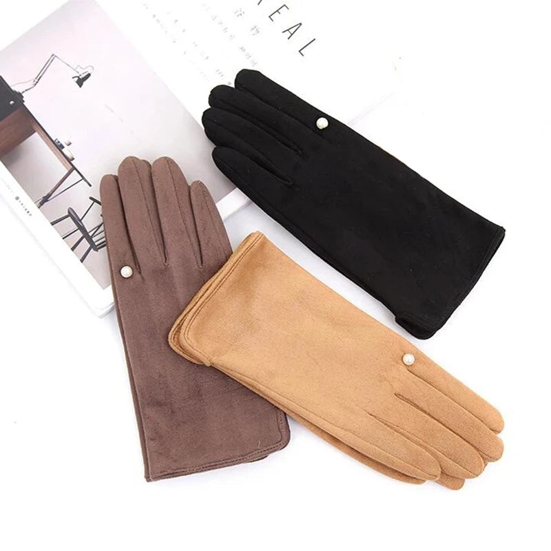 Women's Winter Suede Leather Touchscreen Gloves - Warm Thicken Velvet Lined Full Finger Pearl Decor Windproof Driving Cycling Mittens