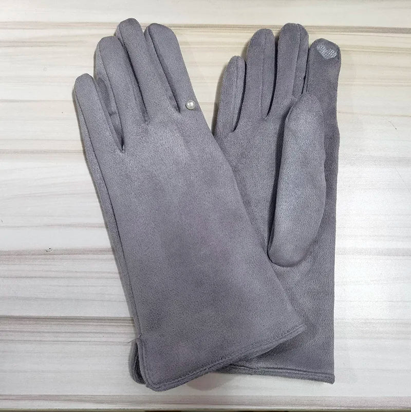 Women's Winter Suede Leather Touchscreen Gloves - Warm Thicken Velvet Lined Full Finger Pearl Decor Windproof Driving Cycling Mittens
