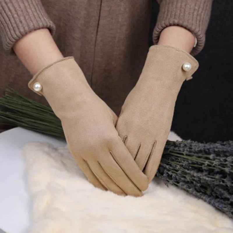 Women's Winter Suede Leather Touchscreen Gloves - Warm Thicken Velvet Lined Full Finger Pearl Decor Windproof Driving Cycling Mittens