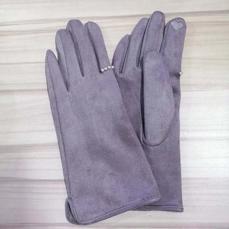 Women's Winter Suede Leather Touchscreen Gloves - Warm Thicken Velvet Lined Full Finger Pearl Decor Windproof Driving Cycling Mittens