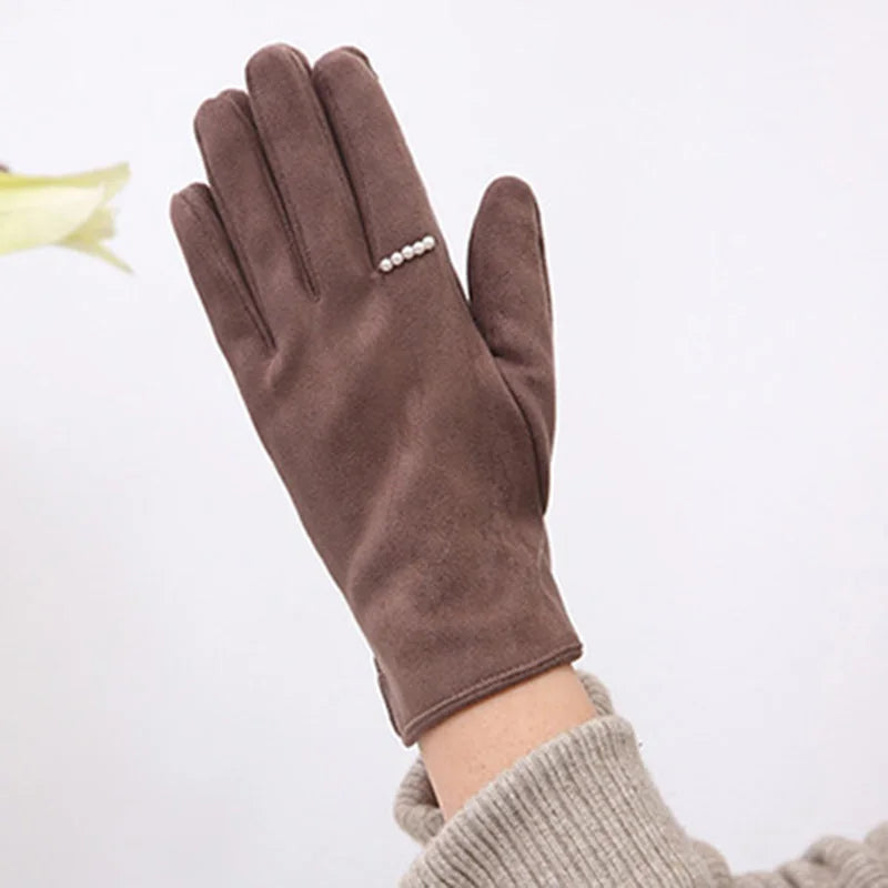 Women's Winter Suede Leather Touchscreen Gloves - Warm Thicken Velvet Lined Full Finger Pearl Decor Windproof Driving Cycling Mittens