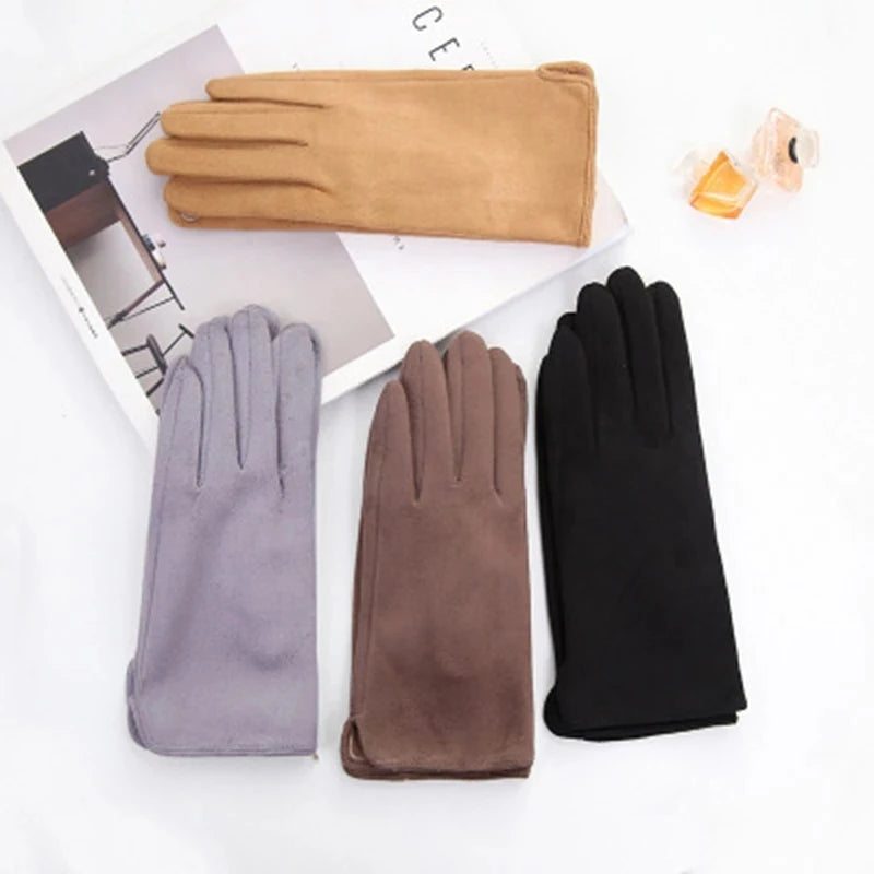 Women's Winter Suede Leather Touchscreen Gloves - Warm Thicken Velvet Lined Full Finger Pearl Decor Windproof Driving Cycling Mittens