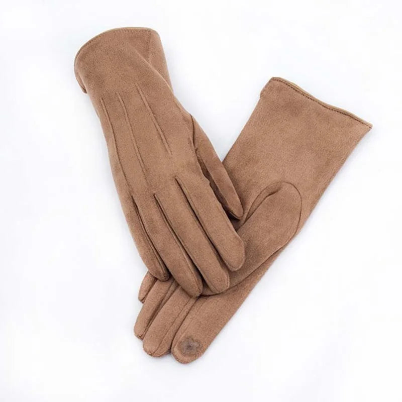 Women's Winter Suede Leather Touchscreen Gloves - Warm Thicken Velvet Lined Full Finger Pearl Decor Windproof Driving Cycling Mittens
