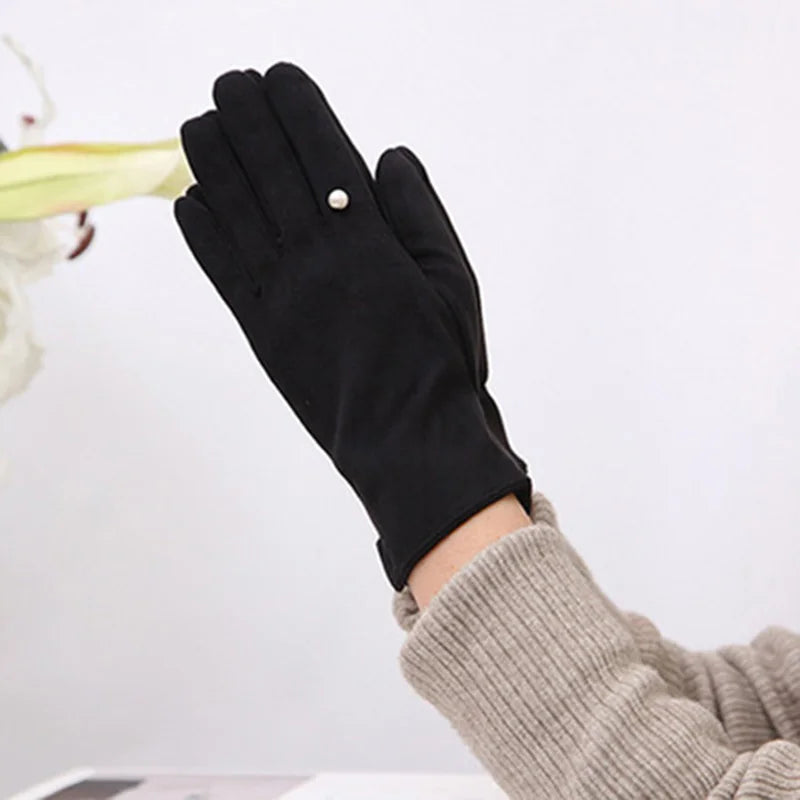 Women's Winter Suede Leather Touchscreen Gloves - Warm Thicken Velvet Lined Full Finger Pearl Decor Windproof Driving Cycling Mittens
