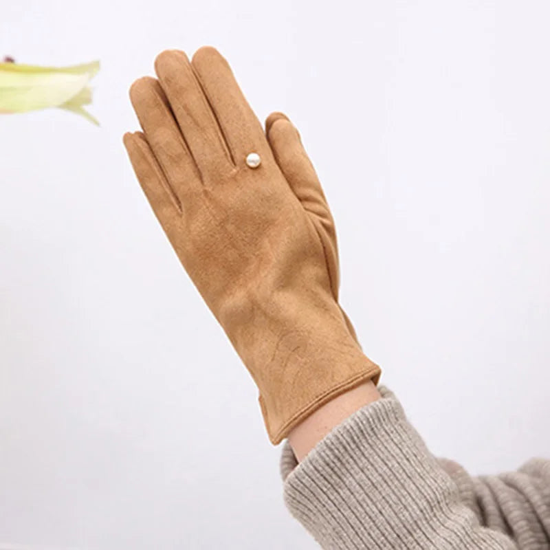 Women's Winter Suede Leather Touchscreen Gloves - Warm Thicken Velvet Lined Full Finger Pearl Decor Windproof Driving Cycling Mittens