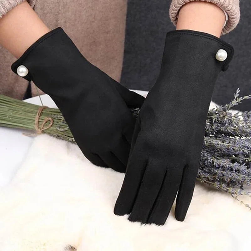 Women's Winter Suede Leather Touchscreen Gloves - Warm Thicken Velvet Lined Full Finger Pearl Decor Windproof Driving Cycling Mittens