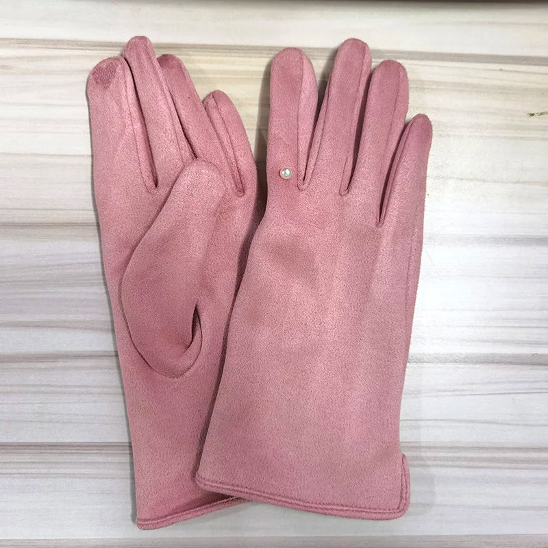 Women's Winter Suede Leather Touchscreen Gloves - Warm Thicken Velvet Lined Full Finger Pearl Decor Windproof Driving Cycling Mittens