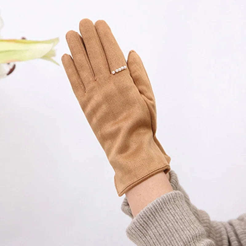 Women's Winter Suede Leather Touchscreen Gloves - Warm Thicken Velvet Lined Full Finger Pearl Decor Windproof Driving Cycling Mittens