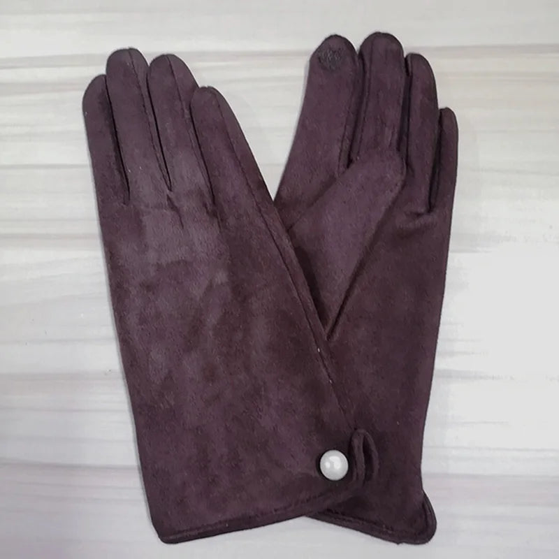 Women's Winter Suede Leather Touchscreen Gloves - Warm Thicken Velvet Lined Full Finger Pearl Decor Windproof Driving Cycling Mittens