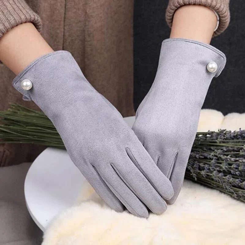 Women's Winter Suede Leather Touchscreen Gloves - Warm Thicken Velvet Lined Full Finger Pearl Decor Windproof Driving Cycling Mittens