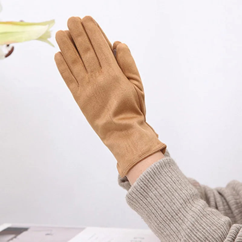 Women's Winter Suede Leather Touchscreen Gloves - Warm Thicken Velvet Lined Full Finger Pearl Decor Windproof Driving Cycling Mittens