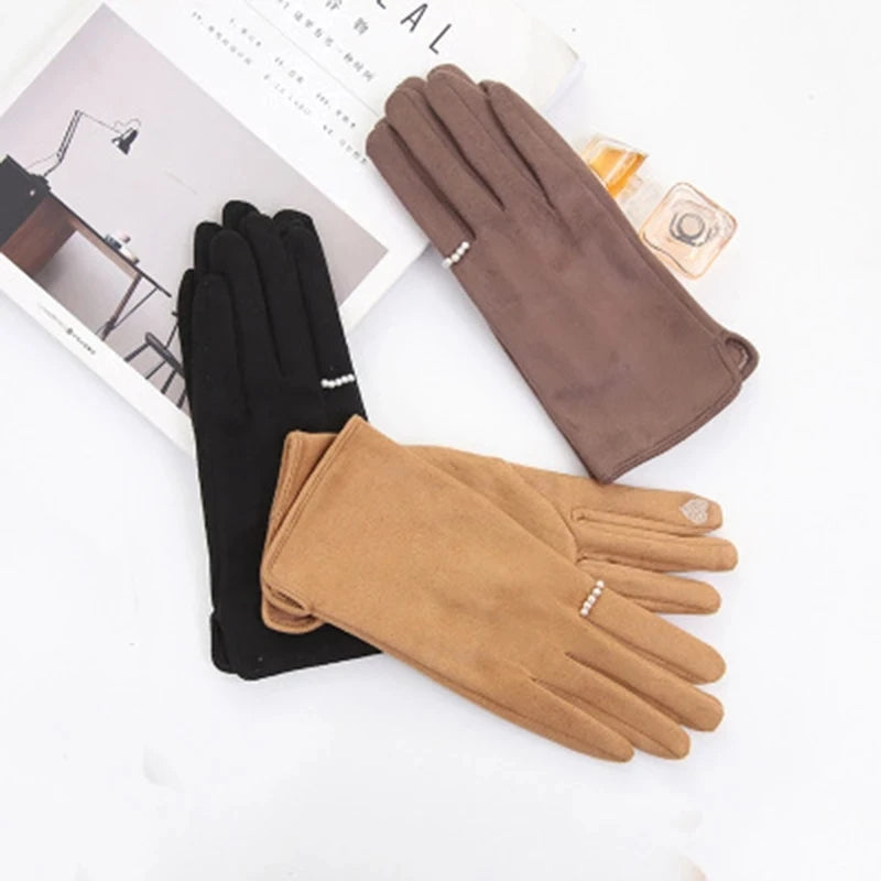 Women's Winter Suede Leather Touchscreen Gloves - Warm Thicken Velvet Lined Full Finger Pearl Decor Windproof Driving Cycling Mittens