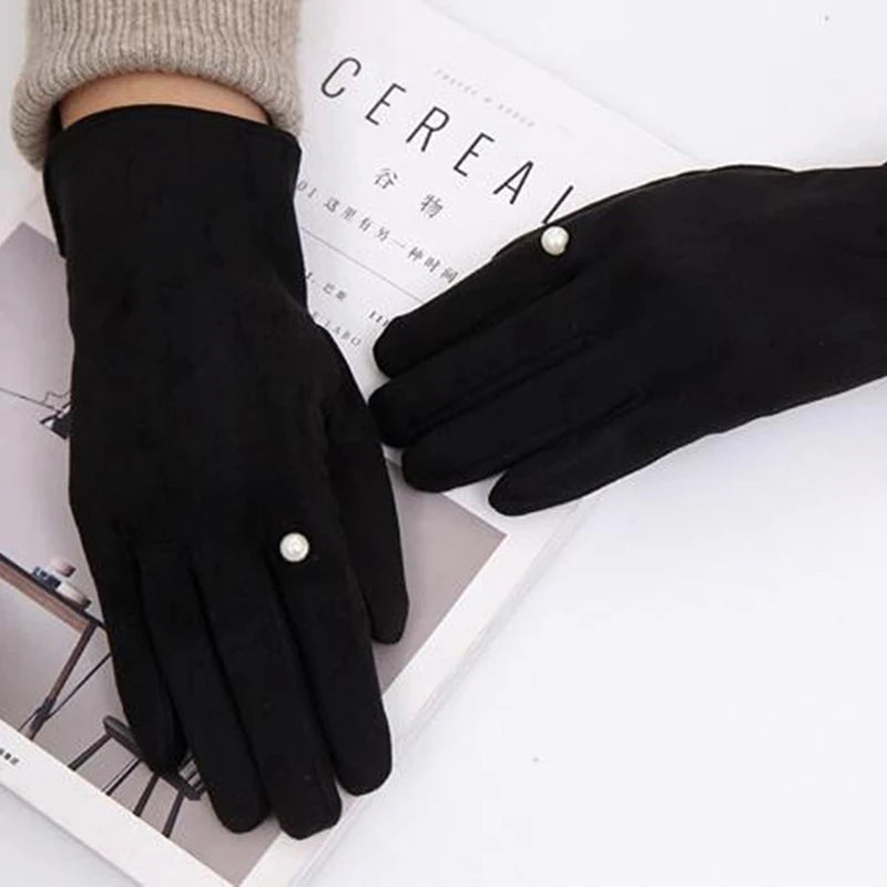 Women's Winter Suede Leather Touchscreen Gloves - Warm Thicken Velvet Lined Full Finger Pearl Decor Windproof Driving Cycling Mittens