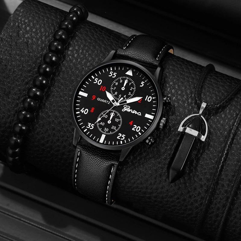 3-Piece Men's Black Skull Dial Quartz Watch Set – Fashion Leather Belt Wristwatch + Matching Bracelets Punk Style