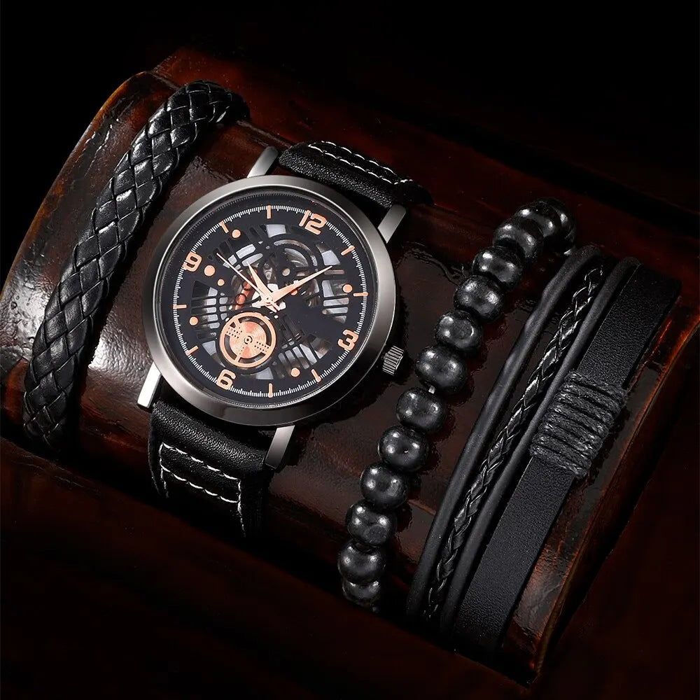 3-Piece Men's Black Skull Dial Quartz Watch Set – Fashion Leather Belt Wristwatch + Matching Bracelets Punk Style