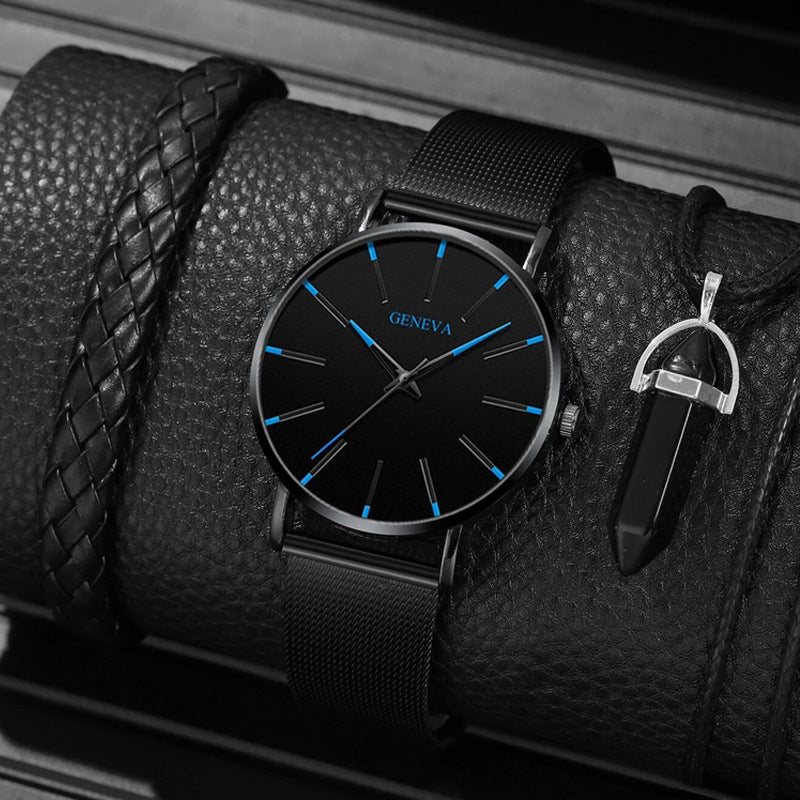 3-Piece Men's Black Skull Dial Quartz Watch Set – Fashion Leather Belt Wristwatch + Matching Bracelets Punk Style