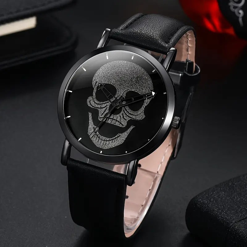 3-Piece Men's Black Skull Dial Quartz Watch Set – Fashion Leather Belt Wristwatch + Matching Bracelets Punk Style