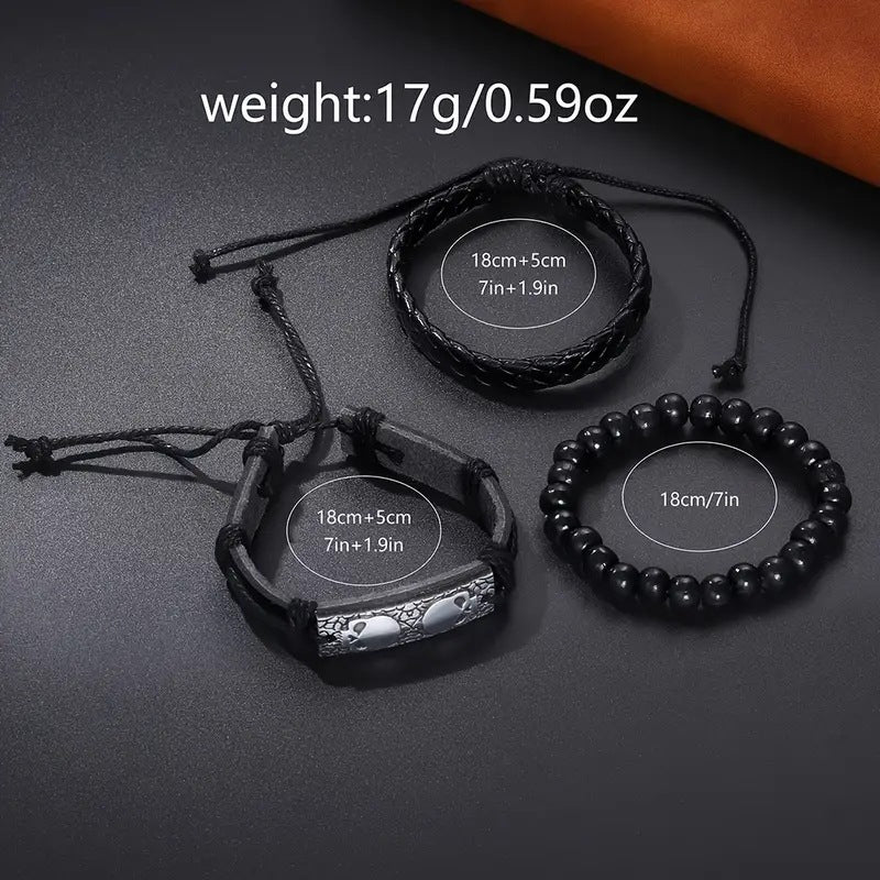3-Piece Men's Black Skull Dial Quartz Watch Set – Fashion Leather Belt Wristwatch + Matching Bracelets Punk Style