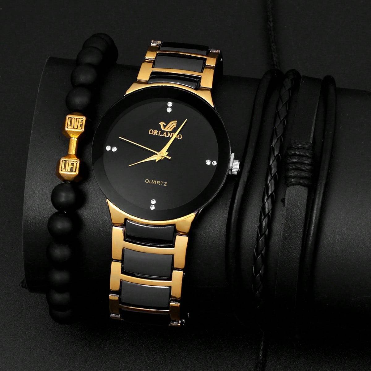 3-Piece Men's Black Skull Dial Quartz Watch Set – Fashion Leather Belt Wristwatch + Matching Bracelets Punk Style
