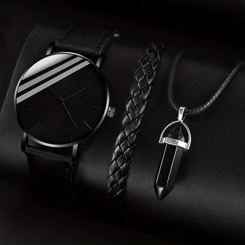 3-Piece Men's Black Skull Dial Quartz Watch Set – Fashion Leather Belt Wristwatch + Matching Bracelets Punk Style