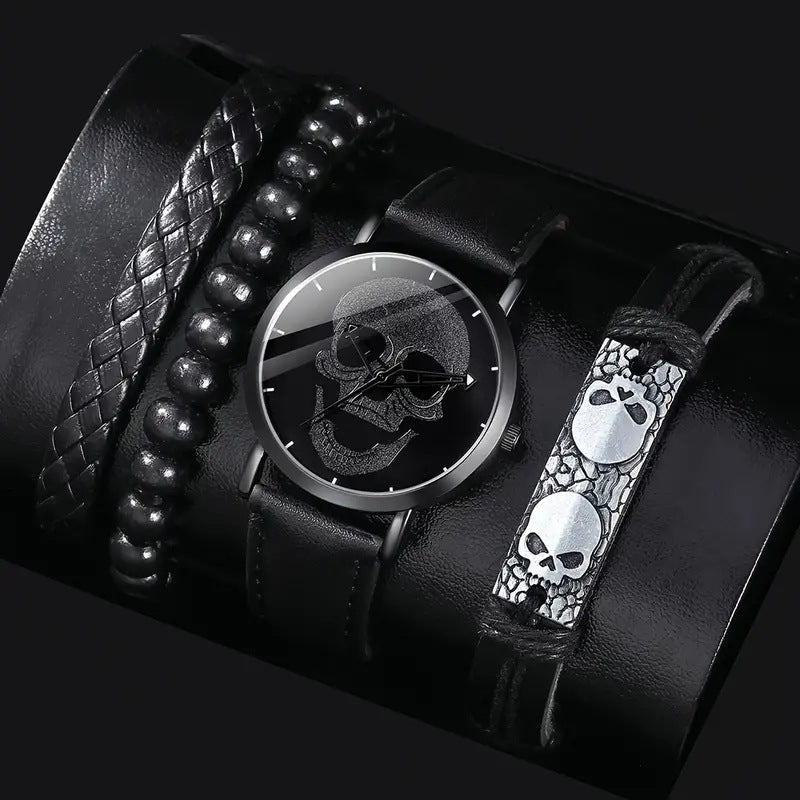 3-Piece Men's Black Skull Dial Quartz Watch Set – Fashion Leather Belt Wristwatch + Matching Bracelets Punk Style