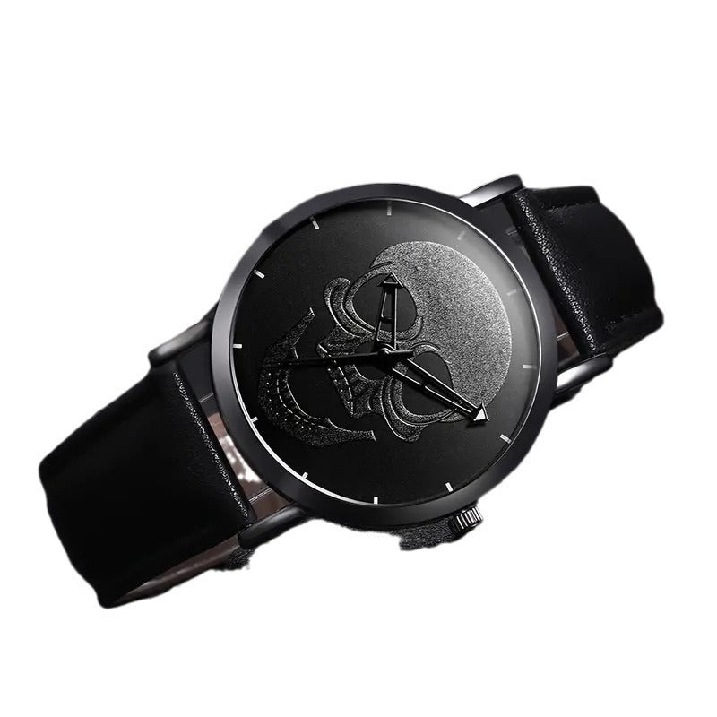 3-Piece Men's Black Skull Dial Quartz Watch Set – Fashion Leather Belt Wristwatch + Matching Bracelets Punk Style