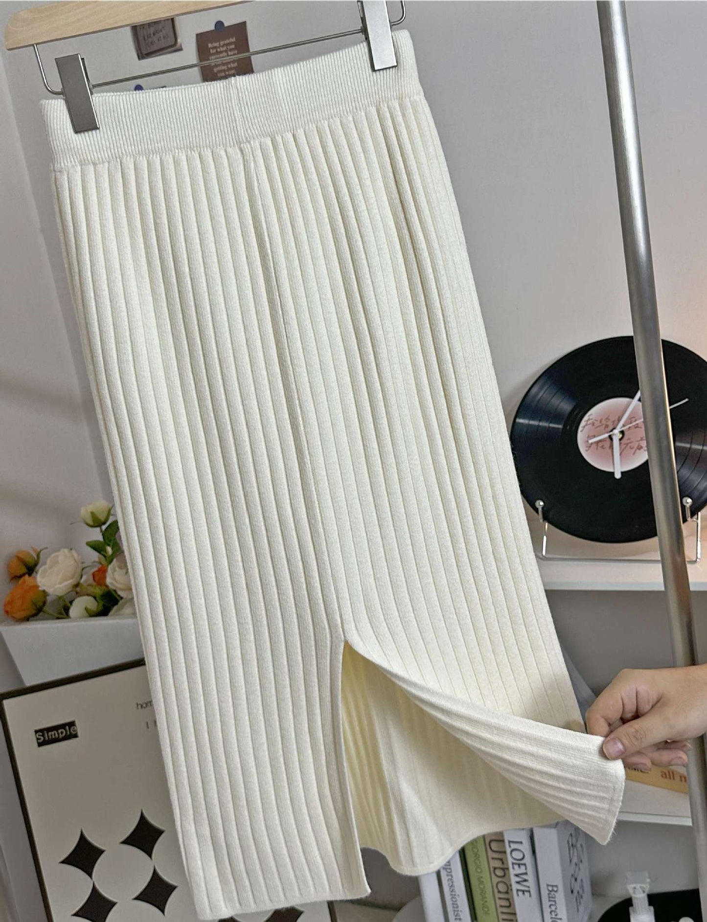 Women's High Waist Knitted Midi Skirt | Slim Fit Wool Blend Pencil Skirt with Split - Fall Autumn Thickened Long Straight Skirt