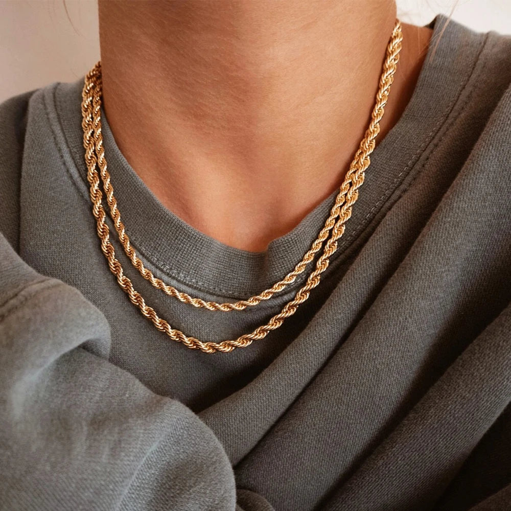 Gold Stainless Steel Rope Chain Necklace - Waterproof Never Fade Choker for Men & Women - 3mm/4mm Widths