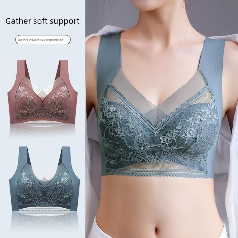 Wireless Push Up Lace Bra for Women - Seamless Beautiful Back Vest with Wide Straps No Underwire Comfort Lift