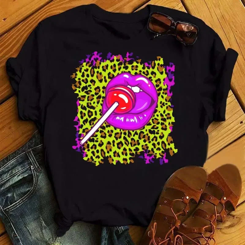 Women's Leopard Lips Graphic T-Shirt - Sexy Pink Kiss Print O-Neck Casual Tee Funny Animal Print Top