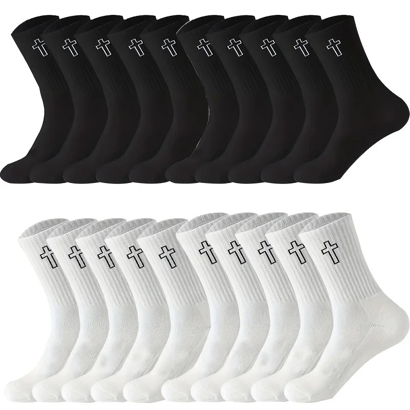 5/10 Pack Men's High-Cut Breathable Sports Socks – Unisex Mid-Calf Casual Black/White