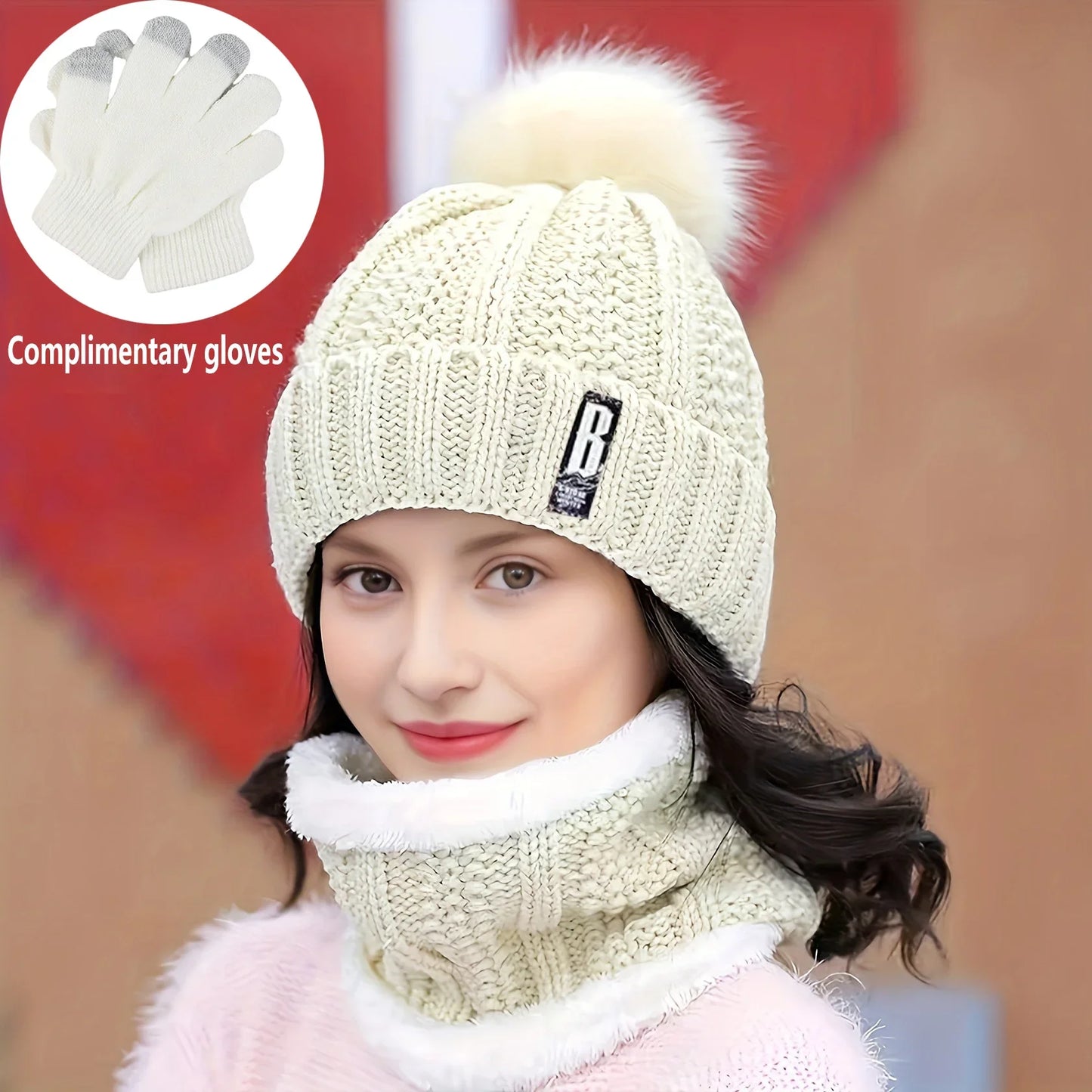 2/3 Piece Women's Winter Hat Scarf Gloves Set Thick Plush Knit Warm Windproof