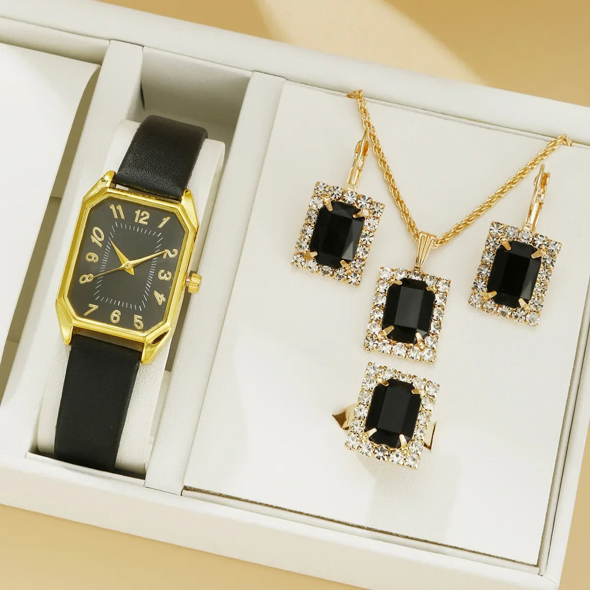6/5/1 PCS Luxury Fashion Square Women’s Watches for Ladies Quartz Wrist Watch with Bracelet Jewelry Set Classic Minimalist Rhinestone Diamond Analog Dress Watch Relógios Feminino Gift Box