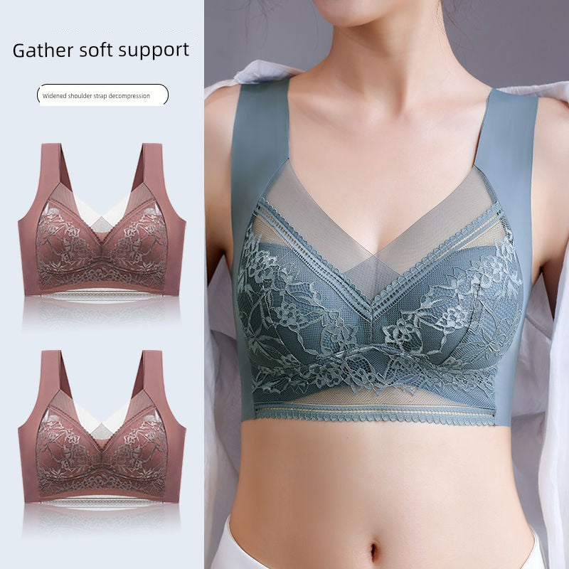 Wireless Push Up Lace Bra for Women - Seamless Beautiful Back Vest with Wide Straps No Underwire Comfort Lift