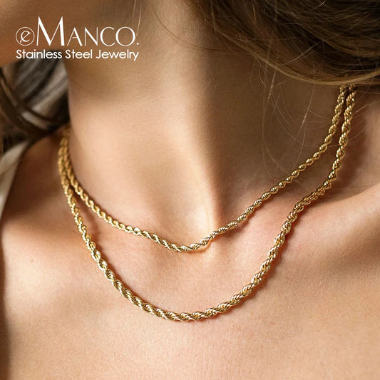 Gold Stainless Steel Rope Chain Necklace - Waterproof Never Fade Choker for Men & Women - 3mm/4mm Widths