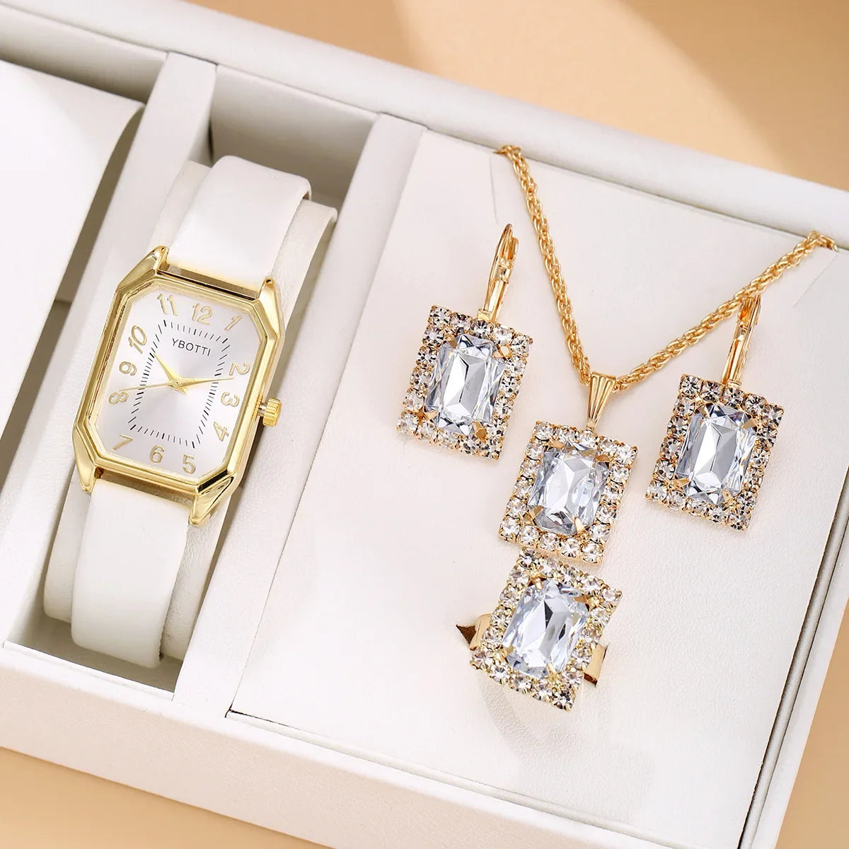 6/5/1 PCS Luxury Fashion Square Women’s Watches for Ladies Quartz Wrist Watch with Bracelet Jewelry Set Classic Minimalist Rhinestone Diamond Analog Dress Watch Relógios Feminino Gift Box