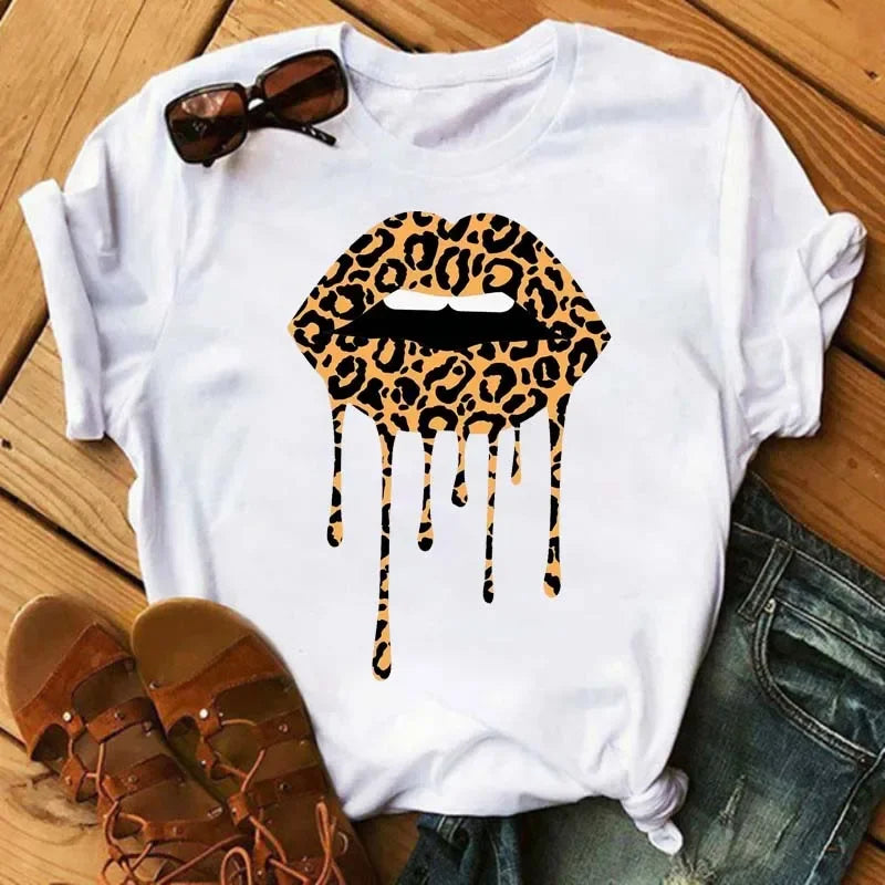 Women's Leopard Lips Graphic T-Shirt - Sexy Pink Kiss Print O-Neck Casual Tee Funny Animal Print Top