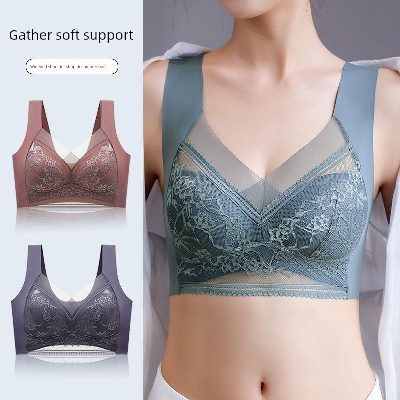 Wireless Push Up Lace Bra for Women - Seamless Beautiful Back Vest with Wide Straps No Underwire Comfort Lift