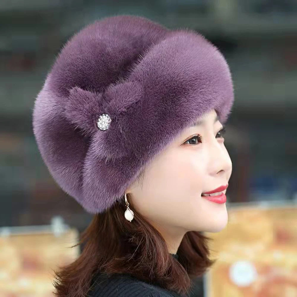 Women's Faux Mink Fur Winter Hat Fleece Lined Earflap Slouchy Plush Beanie Warm