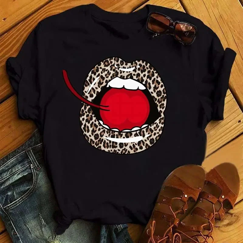 Women's Leopard Lips Graphic T-Shirt - Sexy Pink Kiss Print O-Neck Casual Tee Funny Animal Print Top